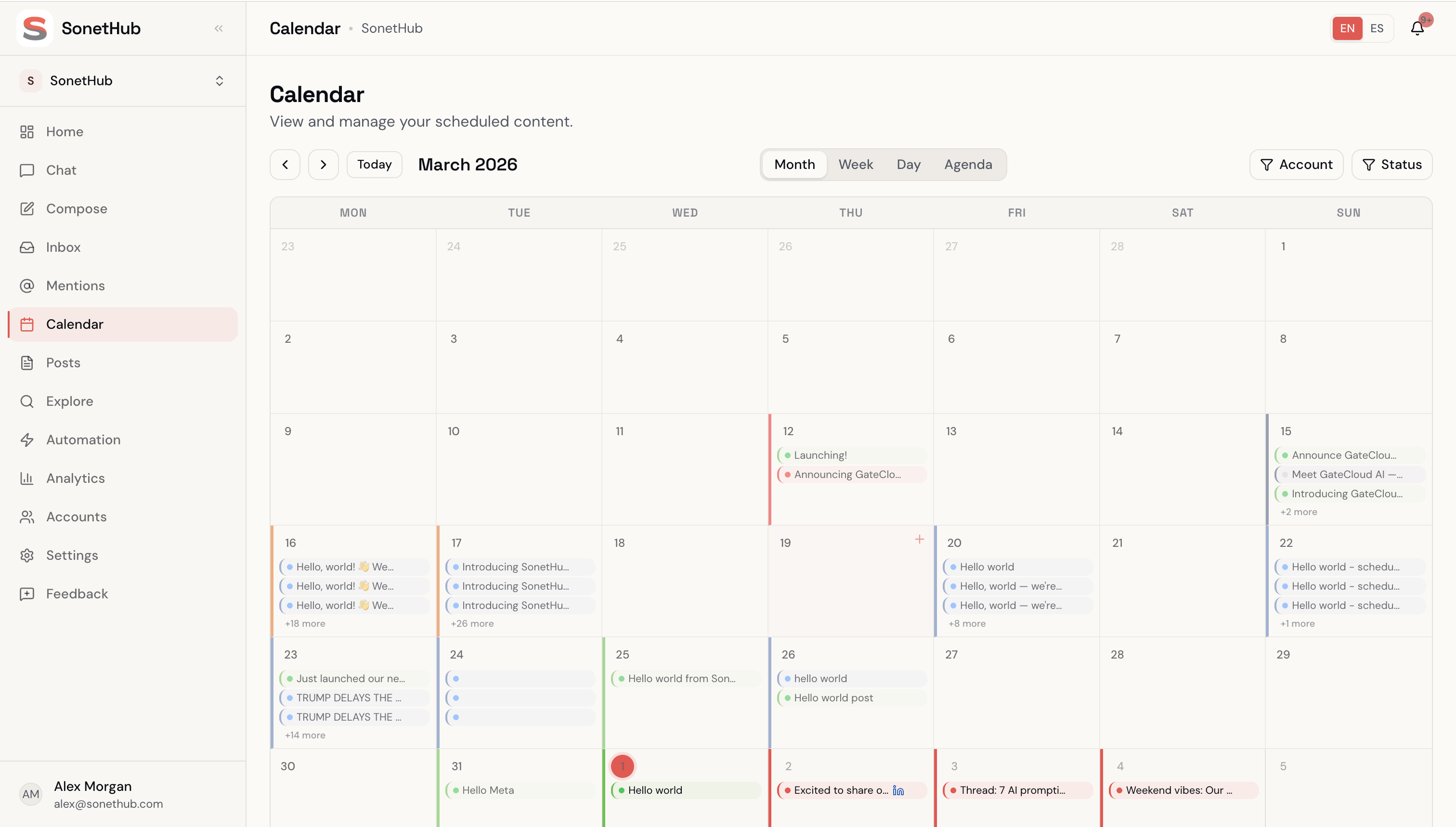 SonetHub calendar view showing scheduled posts across platforms