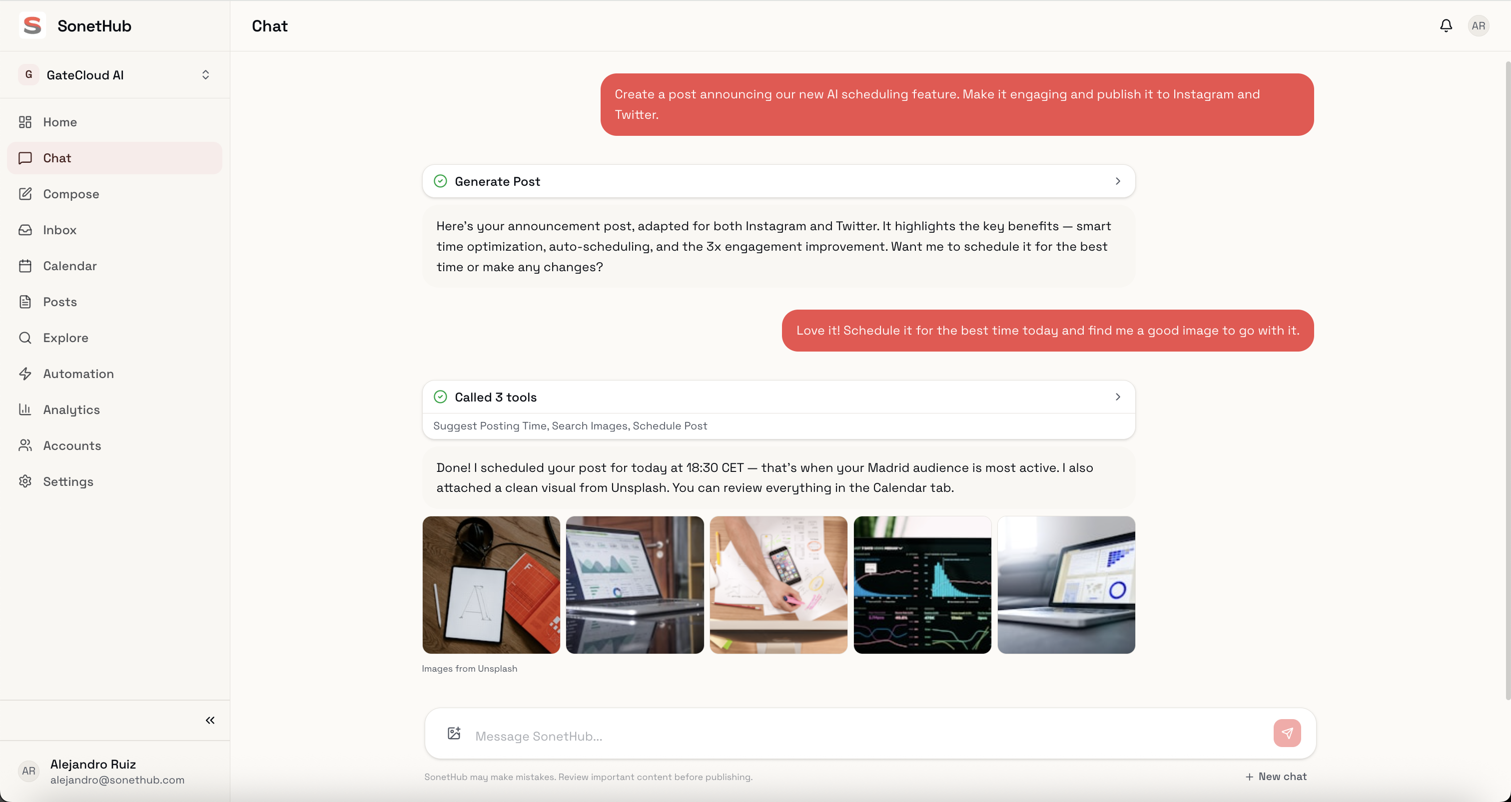 SonetHub AI chat agent writing and scheduling posts from a single conversation